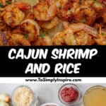 A cast iron skillet filled with cajun shrimp and rice garnished with parsley.