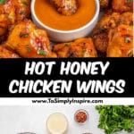 A plate of hot honey chicken wings garnished with herbs surrounds a bowl of dipping sauce. One chicken wing being dipped in the sauce.
