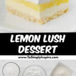 A slice of lemon lush dessert with creamy layers and a thin crust, topped with whipped cream and two lemon slices, on a white plate.