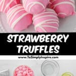 A plate of pink strawberry truffles drizzled with white icing with one cut in half showing the insides.