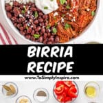 A bowl of birria, white rice, black beans, pico de gallo, sour cream, lime wedges, and chopped cilantro on top