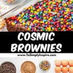 A cosmic brownie being lifted from a glass baking dish of cosmic brownies.