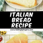 Three slices of italian bread are arranged on a white plate.