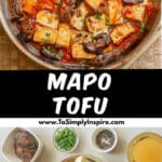 A pan filled with tofu cubes, sliced mushrooms, chopped green onions, and red sauce, garnished with herbs, sits on a woven placemat with ginger in the background.
