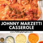 A cheesy Johnny Marzetti casserole is being served from a dish, showcasing the classic Johnny Marzetti recipe with pasta, ground meat, vegetables, and cheese displayed in bowls below.