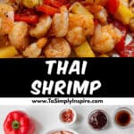 Thai shrimp with red bell peppers and chopped green onions in a pan, mixed with a glossy brown sauce and stirred with a wooden spoon.