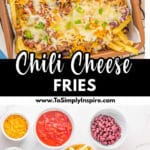 A tray of chili cheese fries topped with melted cheese, ground meat, kidney beans, corn, chopped tomatoes, and sliced green onions on a metal wire rack.