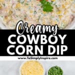 Bowl of creamy corn dip garnished with cilantro and tomato, with separate bowls of ingredients including corn, cheese, tomatoes, cilantro, jalapeño, and sour cream.