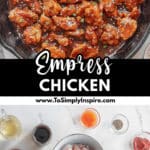 A skillet filled with pieces of saucy orange chicken garnished with sesame seeds and chopped green onions with chopsticks on the side.