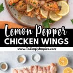 A plate of crispy baked lemon pepper chicken wings garnished with fresh parsley and lemon slices.