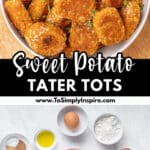 A white bowl filled with sweet potato tater tots garnished with chopped herbs on a wooden cutting board.