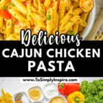 A bowl of cajun chicken pasta with chicken, bell peppers, and herbs is placed on a woven mat, next to a small bowl of shredded cheese, parsley, and a sliced red bell pepper.