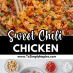 A skillet filled with cooked diced chicken in a sweet chili sauce, garnished with green onions.