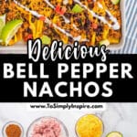 A sheet pan filled with bell pepper nachos topped with ground meat, black beans, diced avocado, tomatoes, cheese, and drizzled with white sauce, garnished with lime wedges.