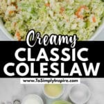 A bowl of creamy coleslaw is shown above its ingredients, including cabbage, carrots, mayonnaise, and seasonings, with measuring spoons and bowls arranged neatly on a countertop.