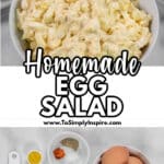 A bowl of homemade egg salad and a display of ingredients including eggs, mayonnaise, spices, and seasonings on a white surface.