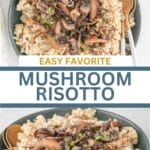 A bowl filled with mushroom risotto garnished with chopped herbs, with golden spoons on the side.