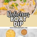 Bowl of boat dip garnished with shredded cheese and chopped green onions with a potato chip dipped in the bowl.