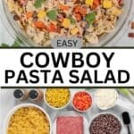 A clear glass bowl filled with cowboy pasta salad on a white surface.
