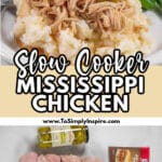 A plate with slow cooker mississippi chicken over mashed potatoes served with green beans. A slow cooker and a plate of green beans are in the background.