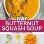 A bowl of butternut squash soup topped with pumpkin seeds, with a spoon resting in the bowl, placed on a white plate next to a gray cloth napkin.