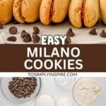 A plate with six milano cookies filled with chocolate ganache, surrounded by scattered chocolate chips on a marble surface.