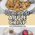 A serving of apple crisp topped with ice cream and caramel sauce sits on a white plate with a fork beside it.