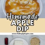 A white bowl filled with apple dip topped with caramel sauce, garnished with two apple slices, sits on a light surface near a cutting board with more apple slices.