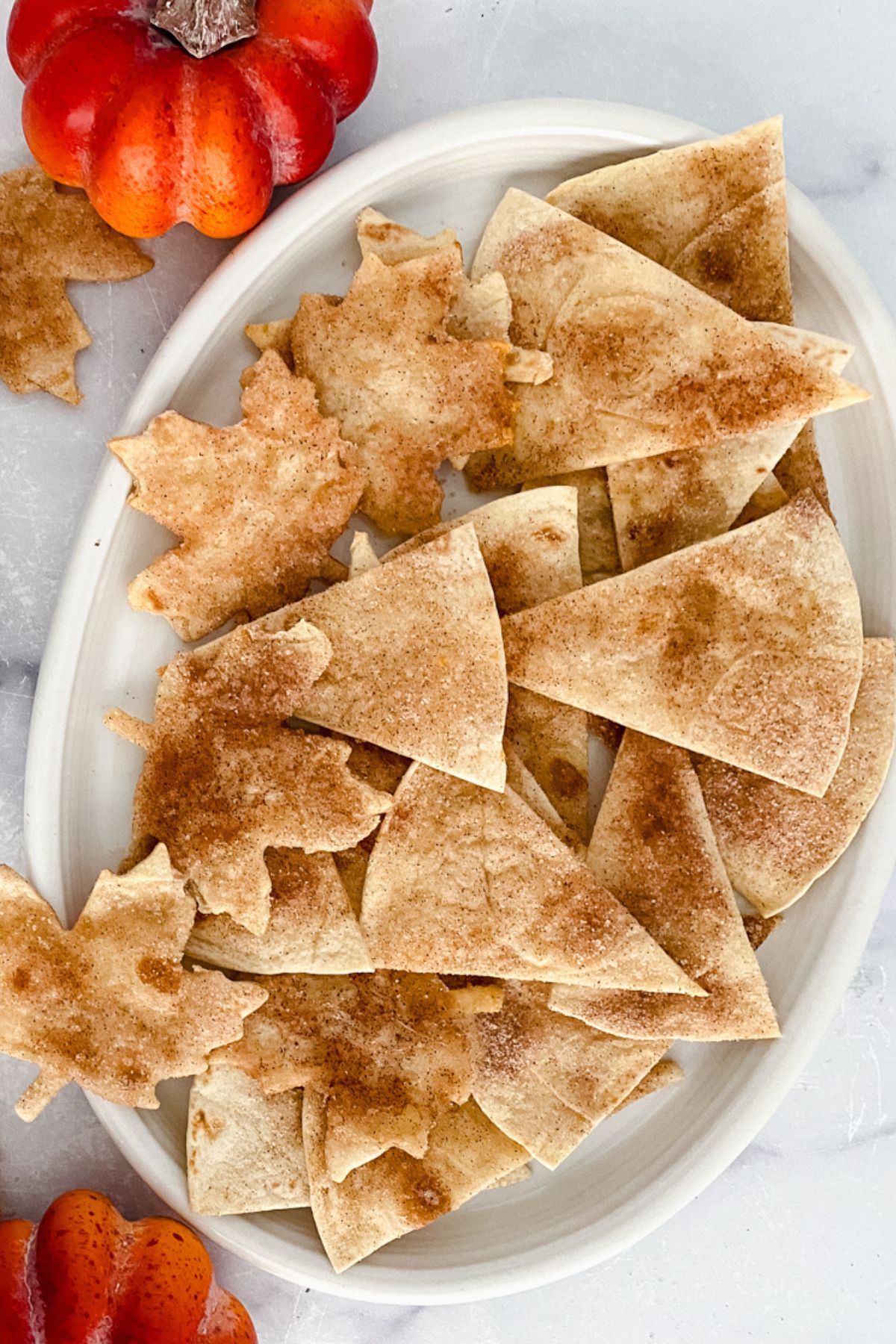A white oval plate with triangle and leaf-shaped cinnamon sugar tortilla chips.