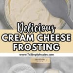 A glass mixing bowl filled with cream cheese frosting with a gray spatula inserted.
