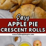 A stack of apple pie crescent rolls on a white plate, with a red apple and a white dish in the background.