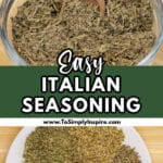 A glass bowl filled with Italian seasoning, with a wooden spoon resting inside the bowl.