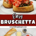 A slice of bruschetta on a white plate, with a bowl of the topping in the background.