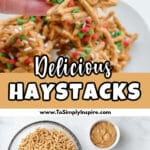 A white plate with a pile of no-bake haystacks made from chow mein noodles coated in a peanut butter butterscotch mixture sprinkled with Christmas sprinkles.