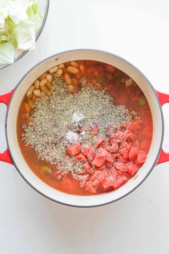 A red pot filled with broth, cannellini beans, diced tomatoes, herbs, and seasoning.