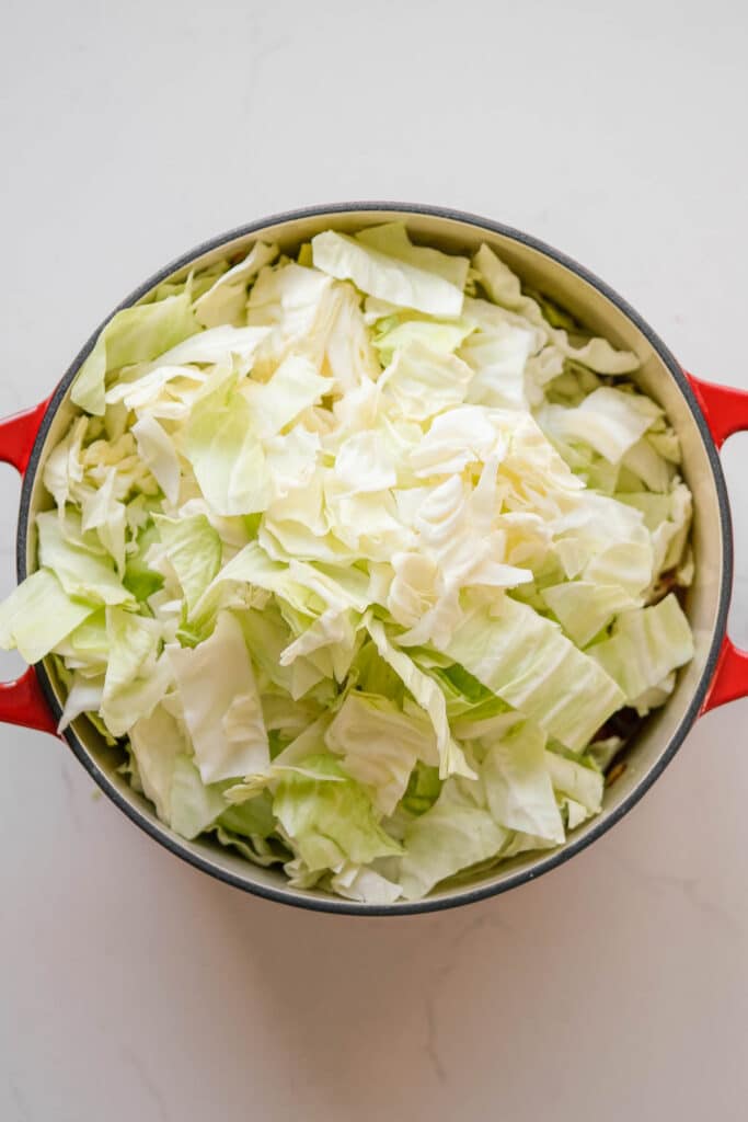 Chopped green cabbage in a red, round pot on a light-colored surface.