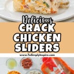 A close-up of a crack chicken slider served on a white plate, garnished with herbs.