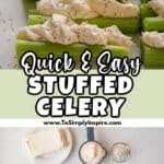 stuffed celery sticks filled with a cream cheese spread and sprinkled with herbs, served on a white plate.