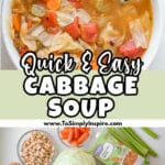A white bowl of cabbage soup containing cabbage, carrots, celery, and tomatoes, with a spoon in the bowl.