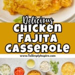 A plate with a serving of chicken fajita casserole topped with sour cream and avocado slices, garnished with cilantro.