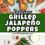 Jalapeño poppers stuffed with cheese, wrapped in bacon, shown grilled on a tray and displayed alongside ingredients: jalapeños, cream cheese, bacon, shredded cheese, and spices.