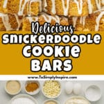 A stack of Snickerdoodle Cookie Bars topped with white icing drizzle, displayed on a wooden surface.