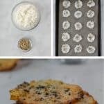 Three images showing cottage cheese and seasoning in bowls, uncooked dollops on a baking sheet, and a stack of baked cottage cheese chips. Text above reads "cottage cheese CHIPS.