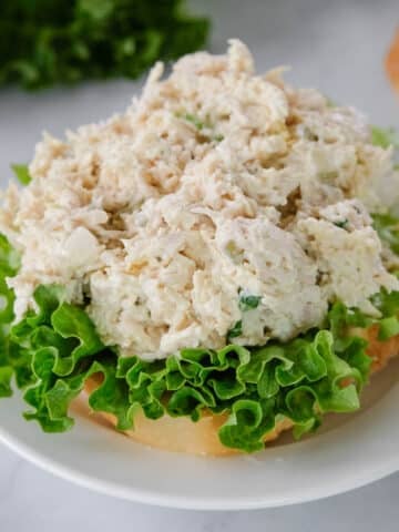 Open-faced chicken salad sandwich on a slice of bread with green leaf lettuce, served on a white plate.