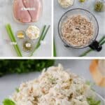 Three-step chicken salad recipe: ingredients laid out on a counter, shredded chicken in a food processor, and the finished chicken salad served on lettuce and slice of bread.