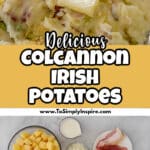 A bowl of colcannon irish potatoes with chopped cabbage and bacon, topped with a slice of butter and a spoon inside.