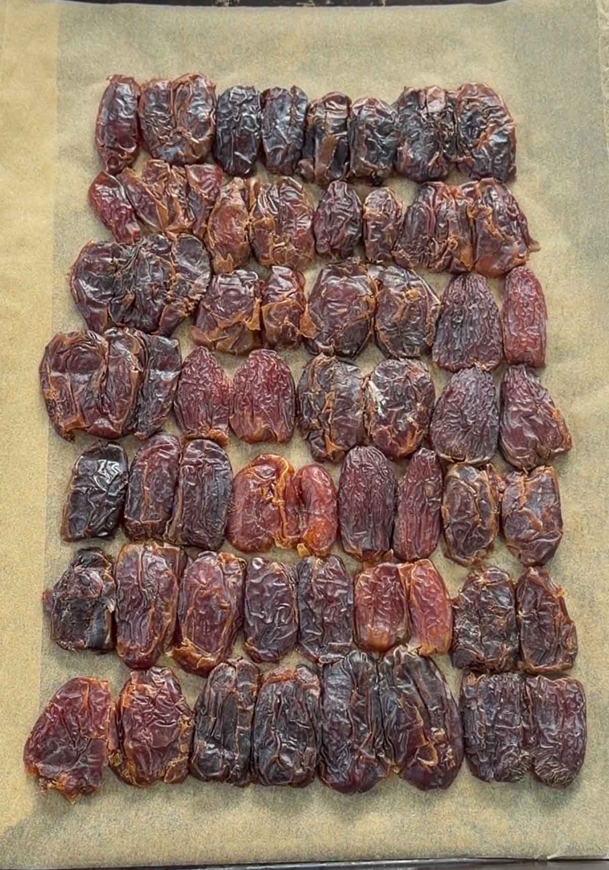 A tray of dried dates arranged neatly on parchment paper.