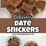 Squares of date snickers bark stacked on a white surface, with visible layers of chocolate and peanut butter and a swirl pattern on top.