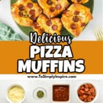 A green plate with pizza muffins, surrounded by bowls of sauce, herbs, a striped napkin, and fresh basil on a white surface.