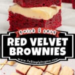 Two stacked red velvet brownies with cream cheese frosting, set on a white surface.
